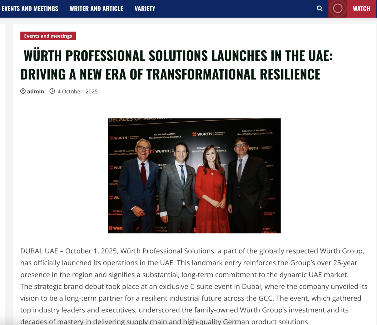 WÜRTH PROFESSIONAL SOLUTIONS LAUNCHES IN THE UAE: DRIVING A NEW ERA OF TRANSFORMATIONAL RESILIENCE